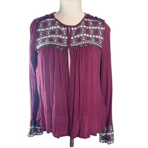 Stradivarius Burgundy Gauze Top with Black and White Embroidery and Coin…